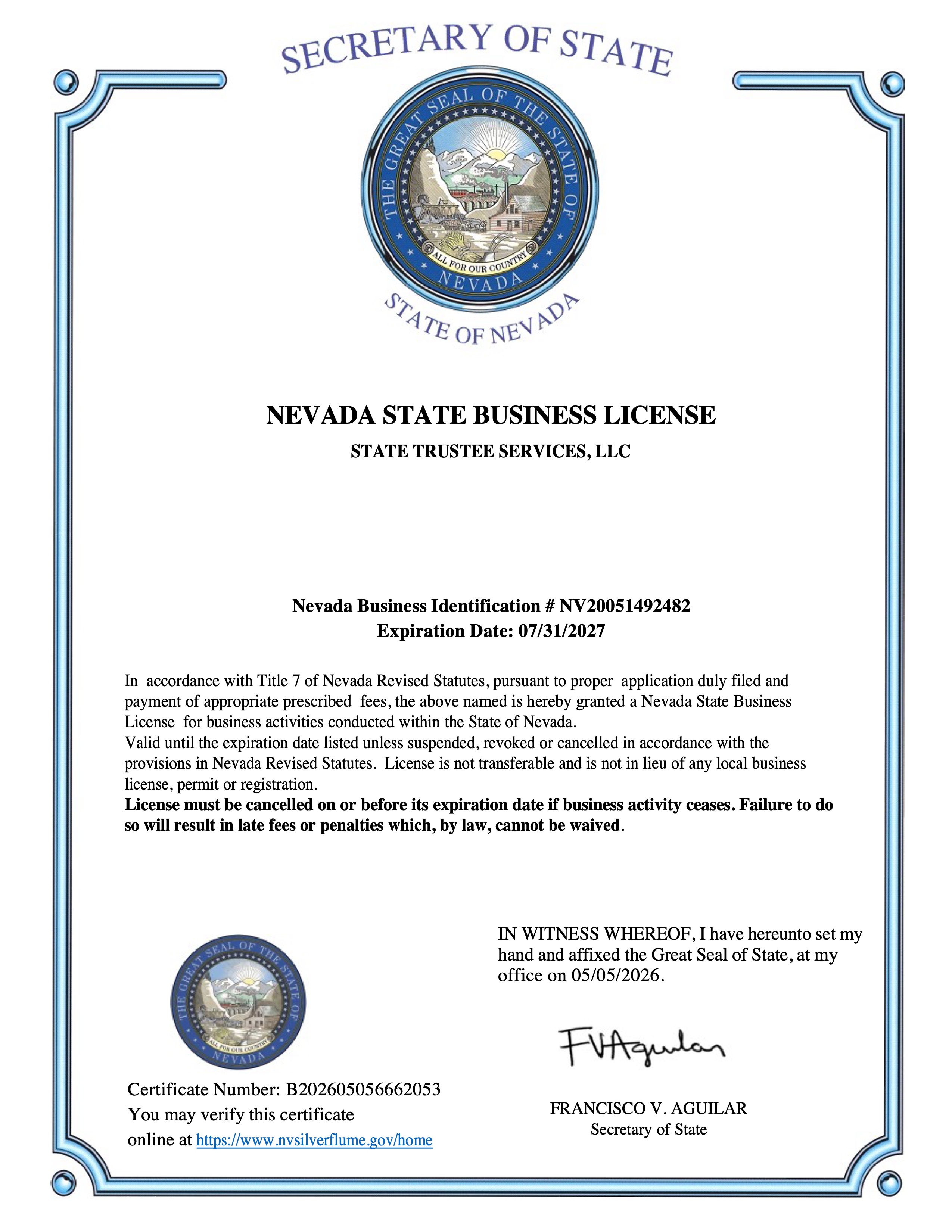 STATE TRUSTEE SERVICES, LLC - Business License (2026)